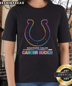 Alt Text: Ladies tee featuring the Indianapolis Colts football logo in vibrant colors, supporting cancer awareness.