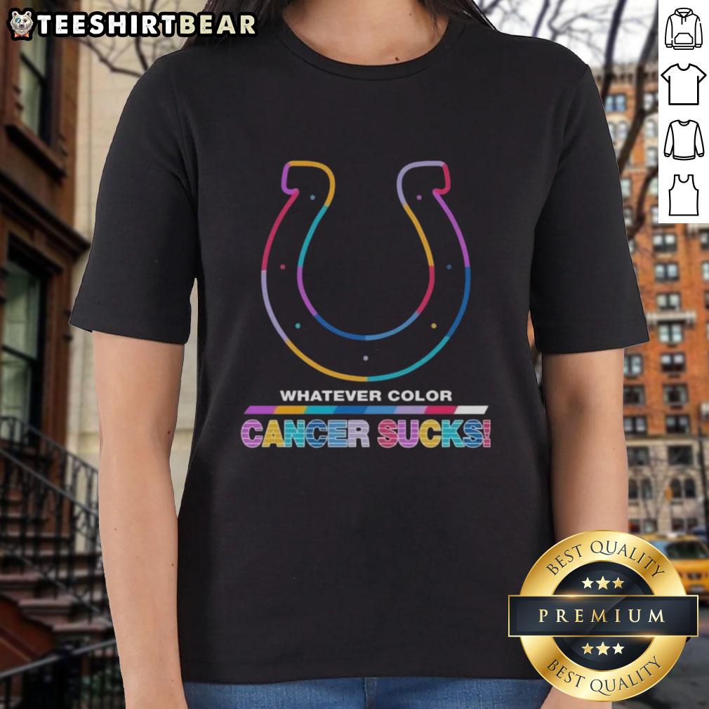 Alt Text: Ladies tee featuring the Indianapolis Colts football logo in vibrant colors, supporting cancer awareness.