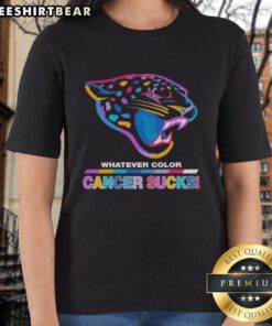 Alt Text: Pretty Jacksonville Jaguars Football ladies tee featuring colorful cancer awareness logo design.