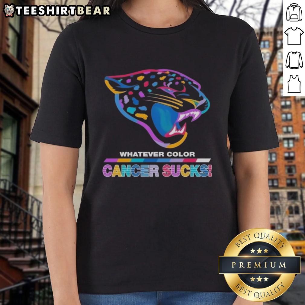 Alt Text: Pretty Jacksonville Jaguars Football ladies tee featuring colorful cancer awareness logo design.