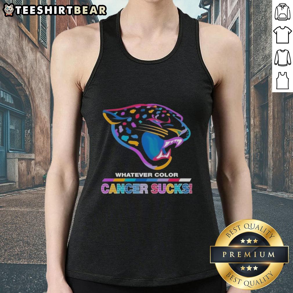 Jacksonville Jaguars football tank top in vibrant colors, promoting cancer awareness with 'Cancer Sucks' logo design.