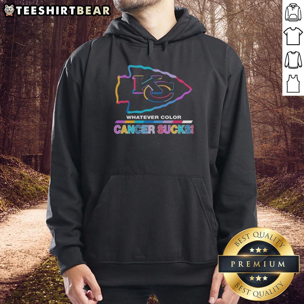 Alt Text: Kansas City Chiefs hoodie featuring vibrant colors and 'Cancer Sucks' logo, perfect for football fans supporting a cause.