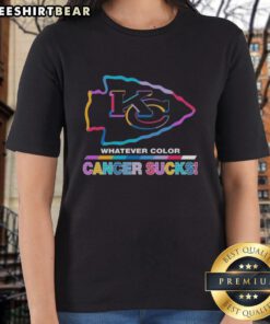 Alt Text: Kansas City Chiefs football ladies tee featuring colorful 'Cancer Sucks' logo, perfect for sports fans supporting a cause.