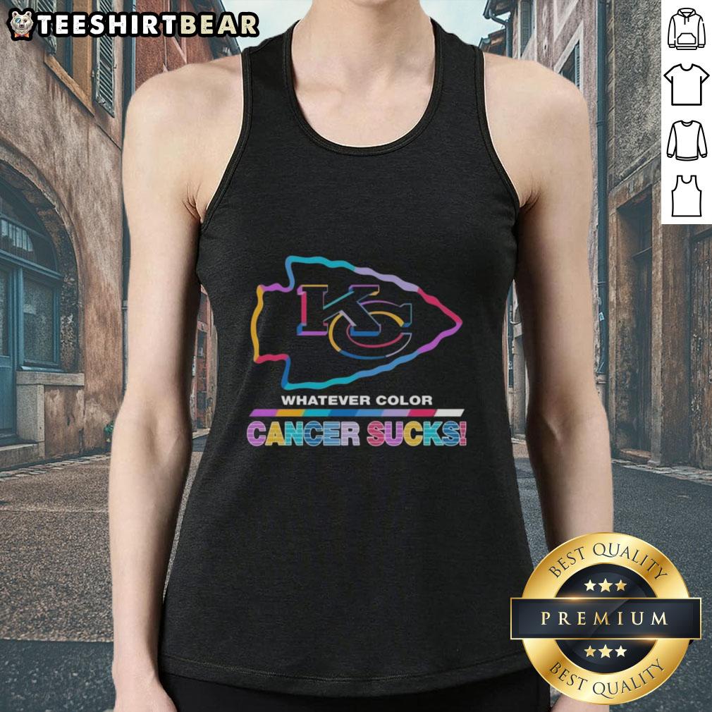 Pretty Kansas City Chiefs football tank top featuring colorful 'Cancer Sucks' logo for awareness and support.