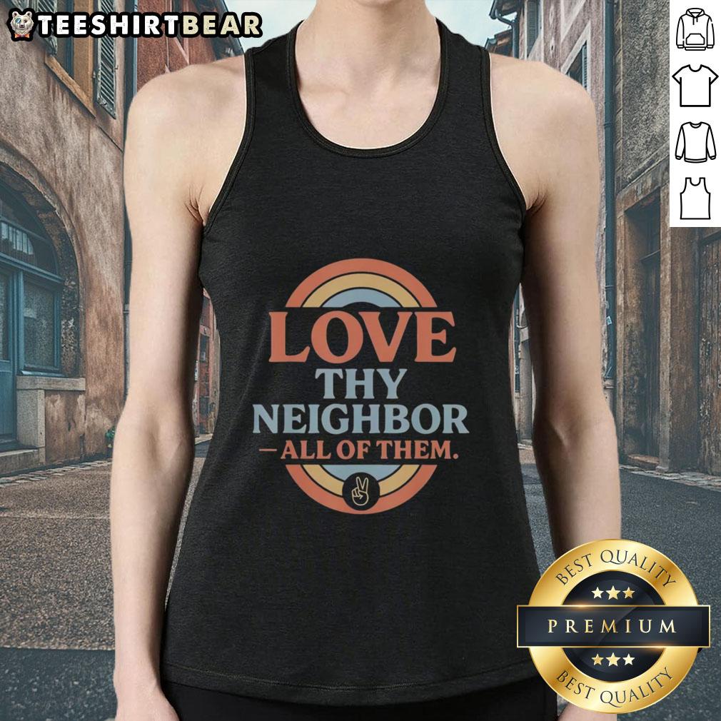 Retro vintage rainbow peace tank top featuring 'Love Thy Neighbor' design, perfect for stylish summer wear.