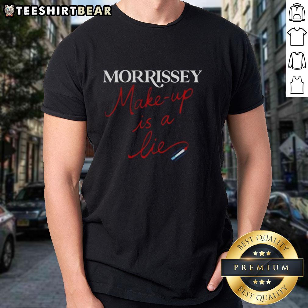 Pretty Morrissey 'Make Up Is A Lie' T-Shirt featuring a bold graphic design, perfect for fans of Morrissey and unique fashion.
