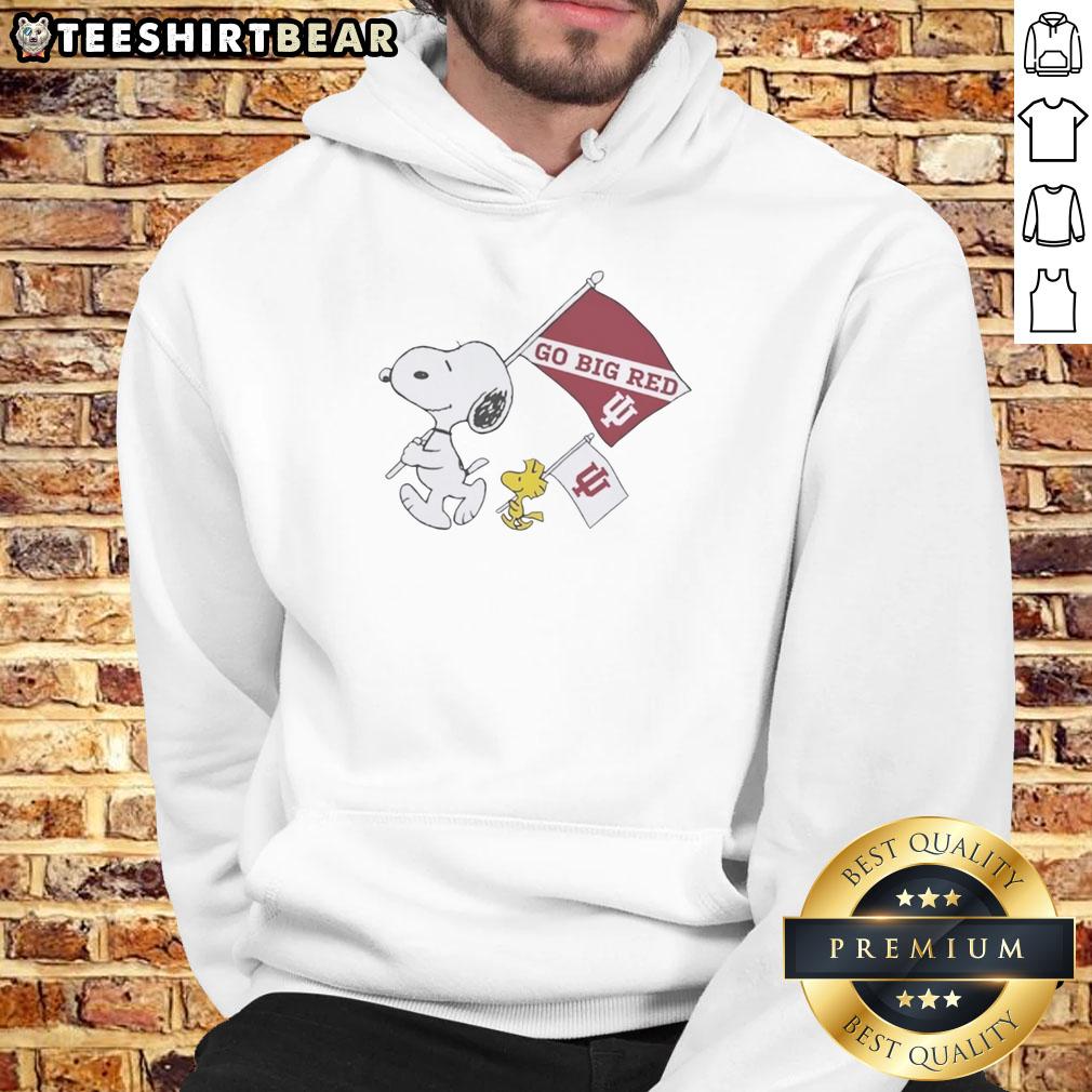 Alt Text: Pretty Snoopy and Woodstock wearing Indiana Hoosiers gear, holding a National Champions flag in a Go Big Red hoodie.