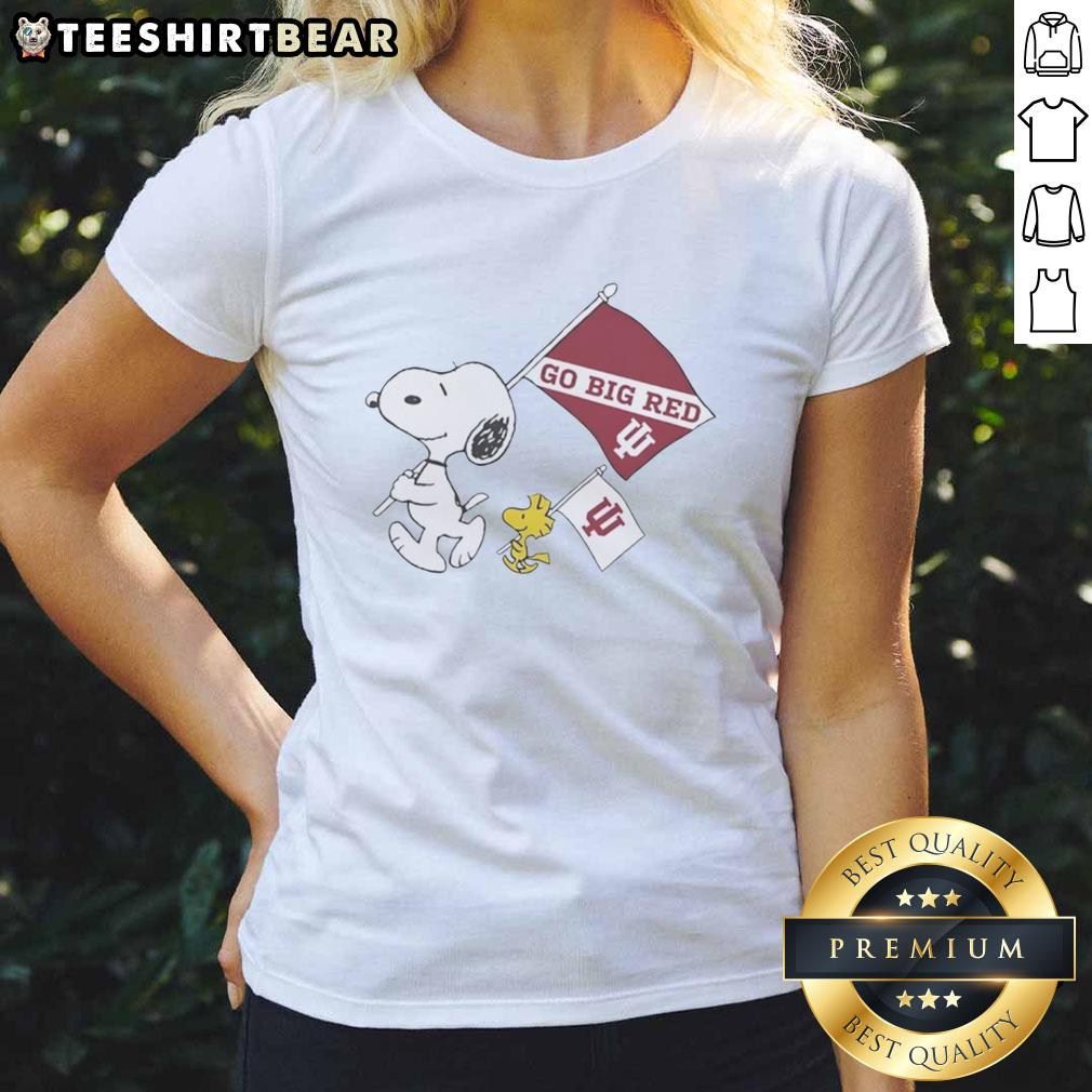 Alt Text: Pretty Snoopy and Woodstock holding Indiana Hoosiers flag celebrating National Champions 2025 on ladies tee.