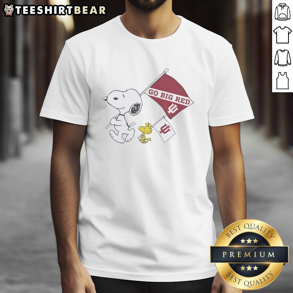 Alt Text: Pretty Snoopy and Woodstock wearing Indiana Hoosiers flag T-shirt celebrating National Champions 2025 - Go Big Red!
