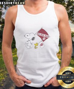 Alt Text: Snoopy and Woodstock in a tank top holding Indiana Hoosiers flag, celebrating National Champions 2025, Go Big Red!
