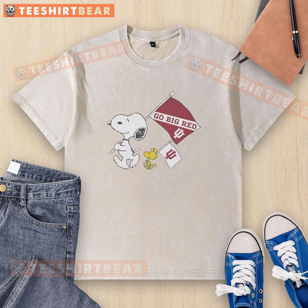 Alt Text: Pretty Snoopy and Woodstock holding Indiana Hoosiers flag on a National Champions 2025 Go Big Red washed t-shirt.