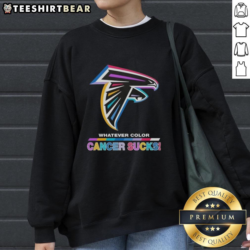 Alt Text: Cozy sweatshirt featuring the Atlanta Falcons logo in vibrant colors, promoting cancer awareness with Cancer Sucks message.
