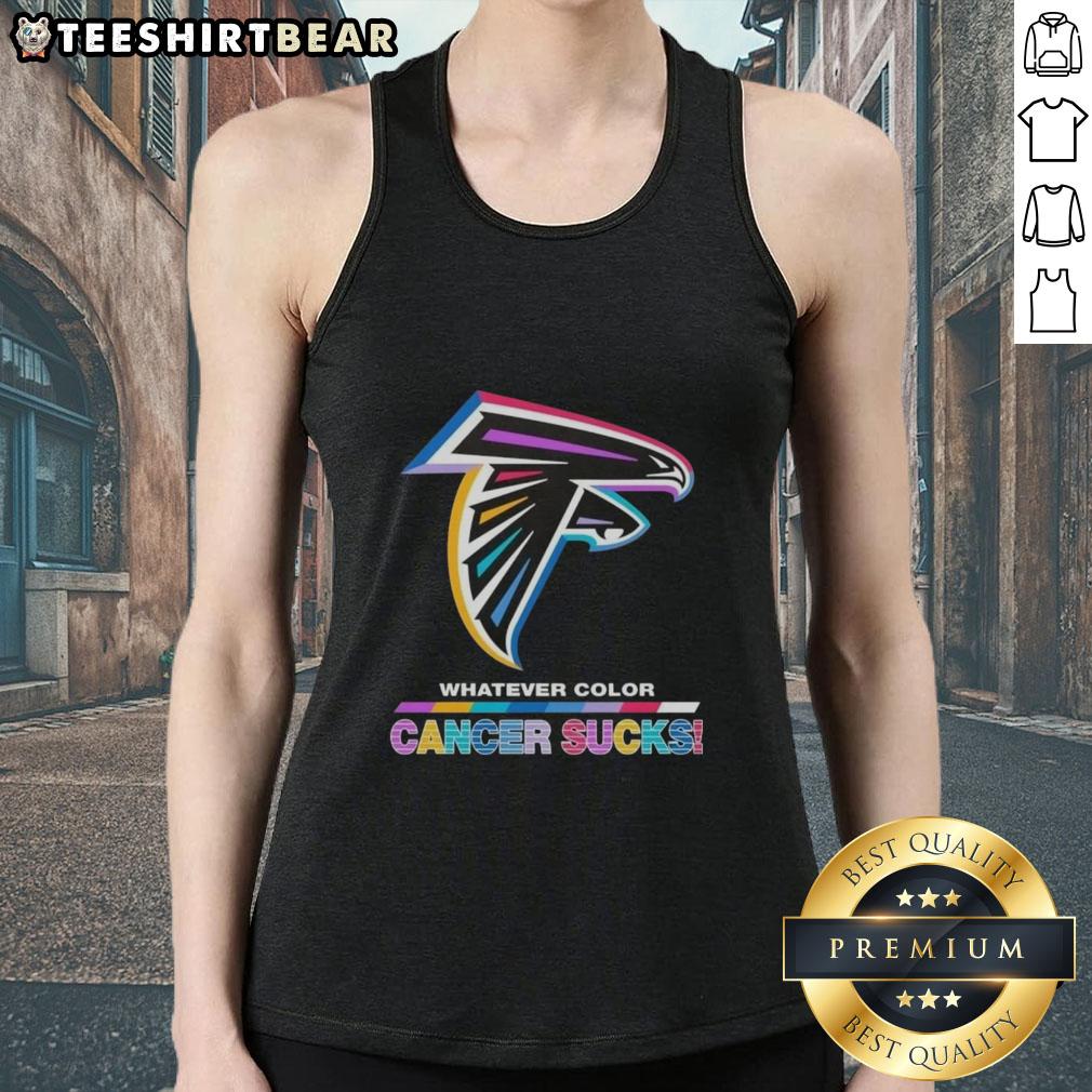 Top Atlanta Falcons football tank top featuring vibrant colors and 'Cancer Sucks' logo, perfect for fans and supporters.