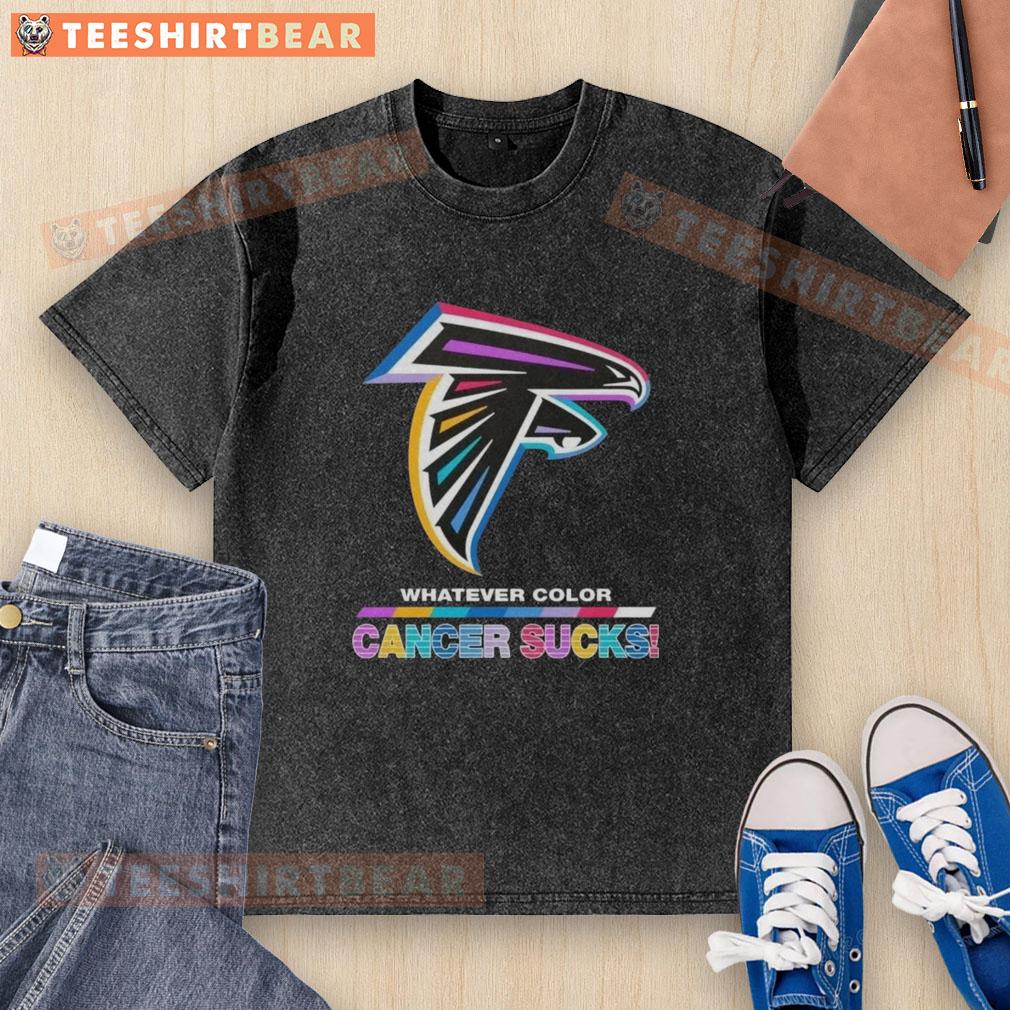 Atlanta Falcons football washed t-shirt featuring 'Cancer Sucks' logo in team colors, perfect for fans and awareness.
