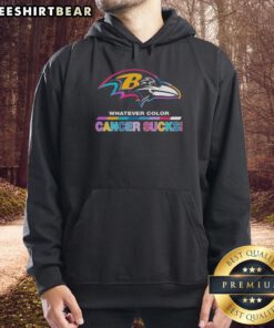 Top Baltimore Ravens football hoodie featuring 'Cancer Sucks' logo in team colors for fans supporting a great cause.