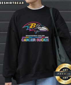 Alt Text: Cozy sweatshirt featuring the Baltimore Ravens logo and vibrant colors, supporting cancer awareness with style.