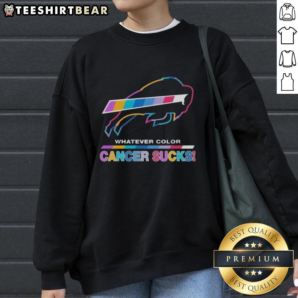 Buffalo Bills sweatshirt featuring vibrant colors and 'Cancer Sucks' logo, perfect for fans supporting a cause.