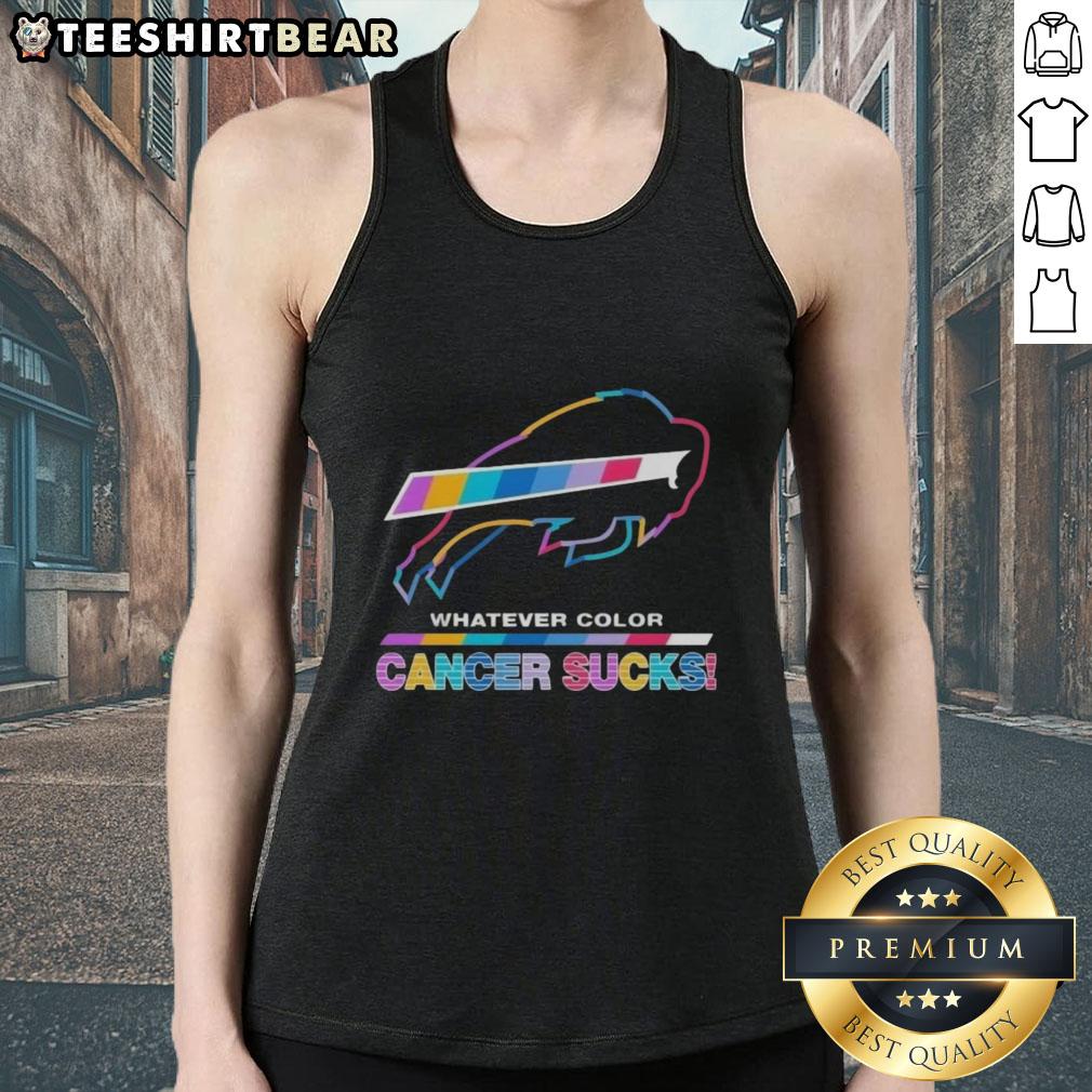 Buffalo Bills football tank top in vibrant colors featuring 'Cancer Sucks' logo, perfect for game day and awareness.