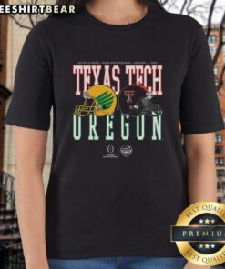 Alt Text: 2026 Capital One Orange Bowl matchup: Oregon vs Texas Tech helmet design featured on ladies tee shirt.