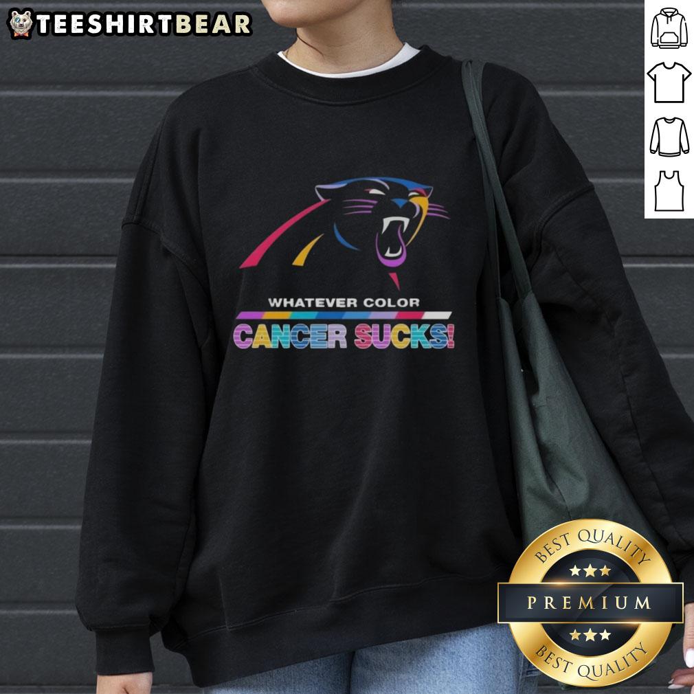 Alt Text: Stylish Carolina Panthers sweatshirt featuring a colorful Cancer Sucks logo, perfect for football fans and supporters.