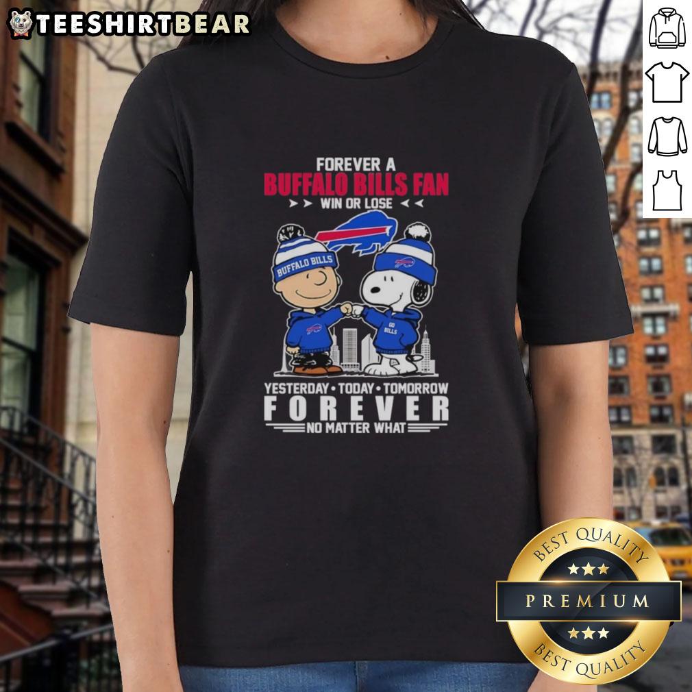 Charlie Brown and Snoopy fist bump in a Buffalo Bills fan tee, celebrating loyalty win or lose. Perfect for sports enthusiasts!