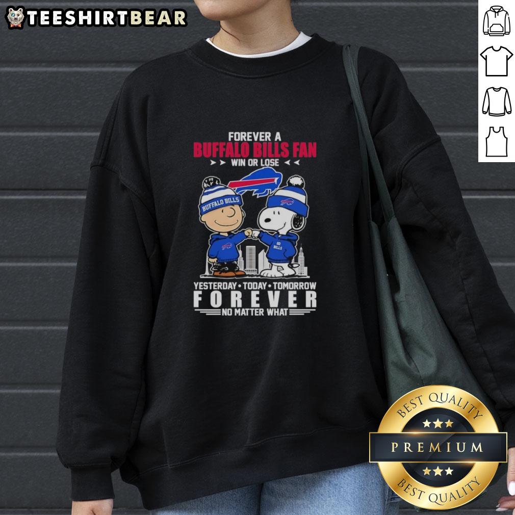 Charlie Brown fist bumping Snoopy in Buffalo Bills sweatshirt, celebrating loyalty win or lose, perfect for fans.