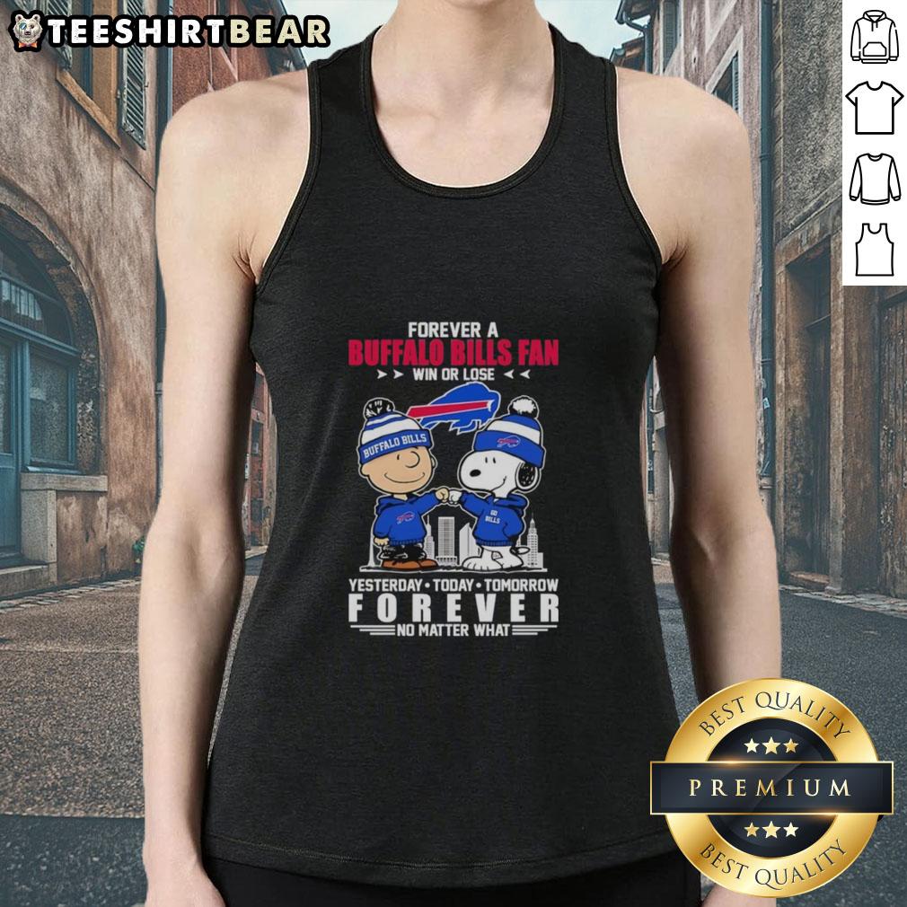 Alt Text: Charlie Brown and Snoopy fist bump in Buffalo Bills fan tank top, showcasing loyalty win or lose.