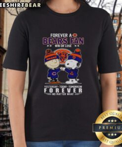 Charlie Brown fist bump with Snoopy, celebrating Chicago Bears fandom in a 'Win or Lose' ladies tee design.