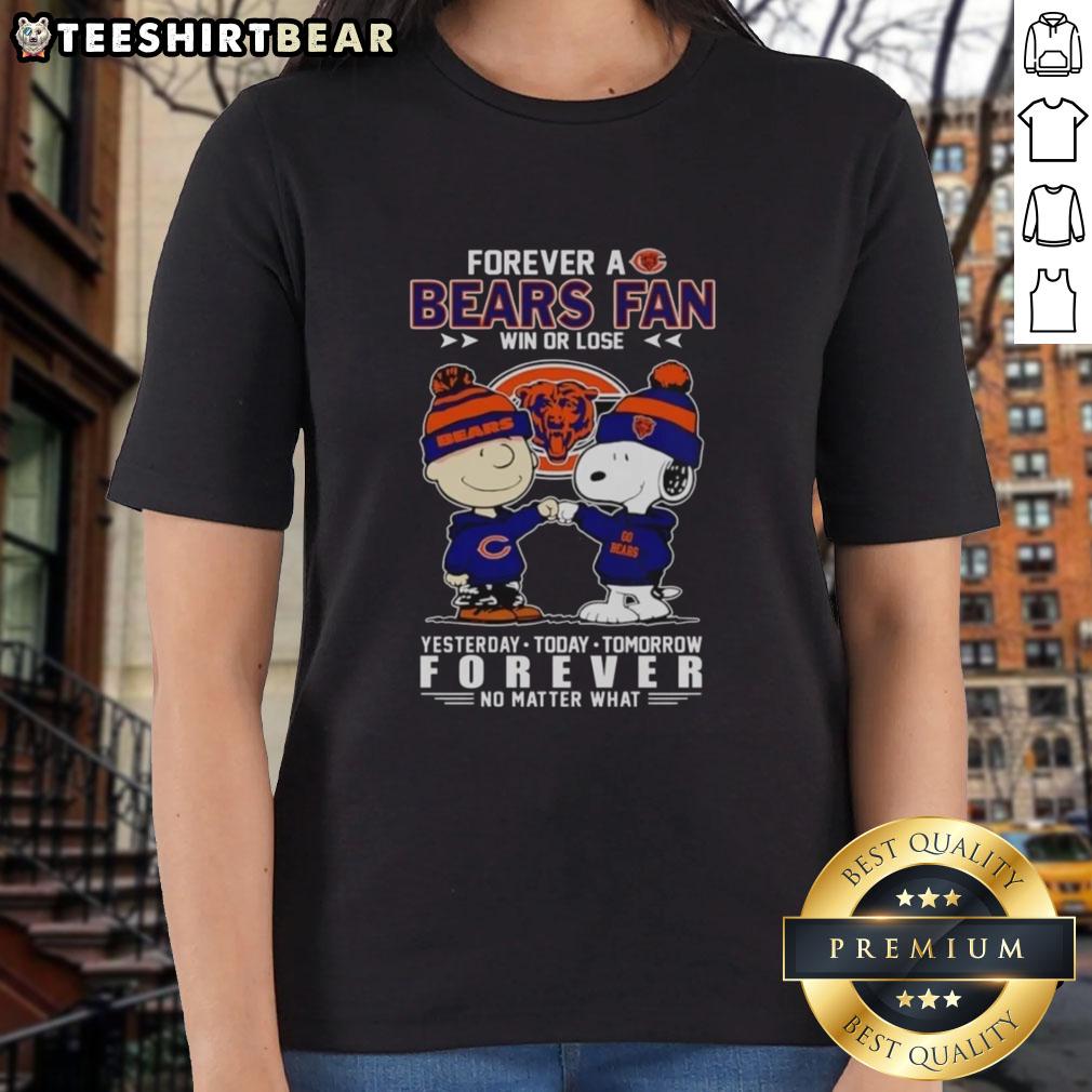Charlie Brown fist bump with Snoopy, celebrating Chicago Bears fandom in a 'Win or Lose' ladies tee design.