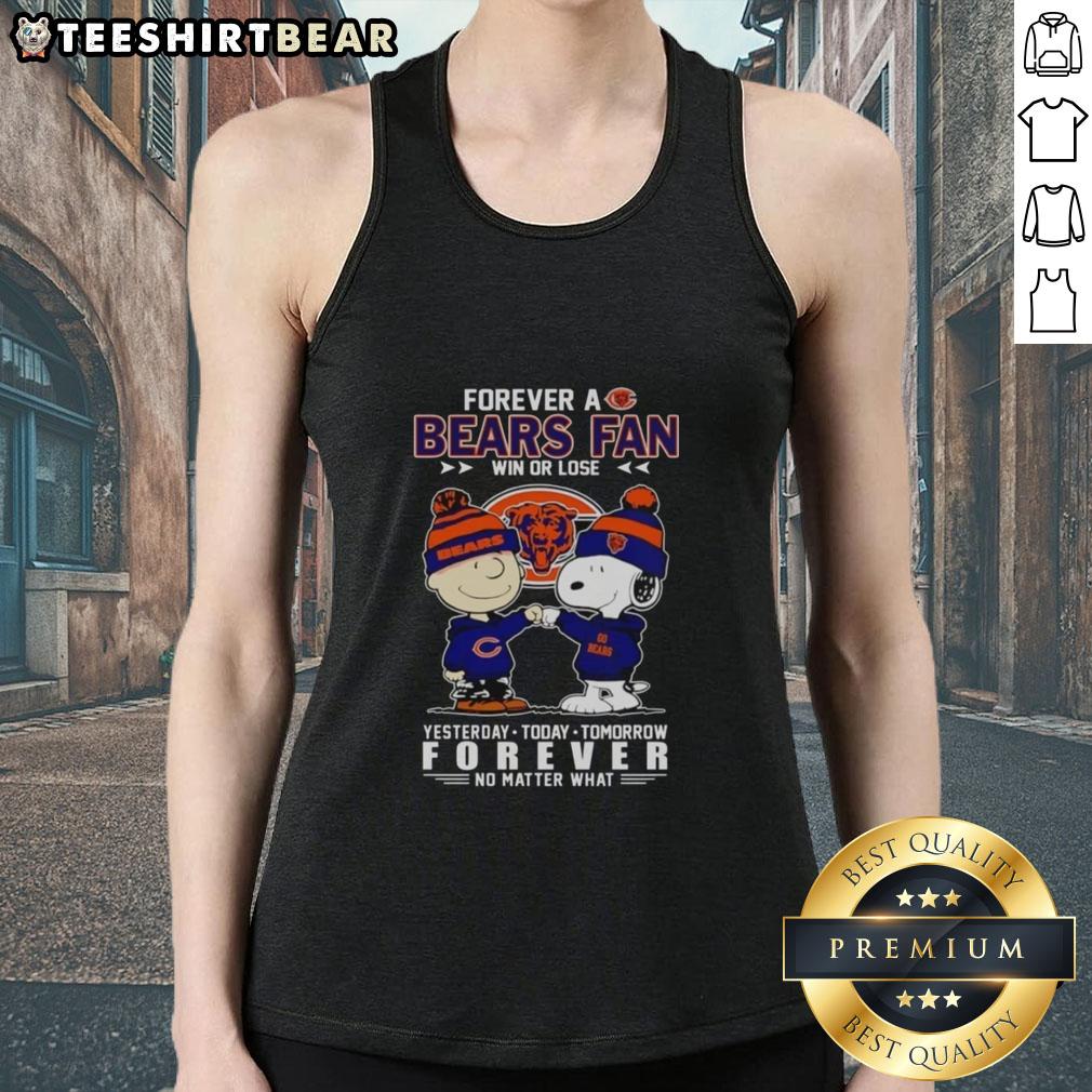 Alt Text: Charlie Brown and Snoopy fist bump in Chicago Bears tank top, celebrating fandom win or lose, showcasing team spirit.