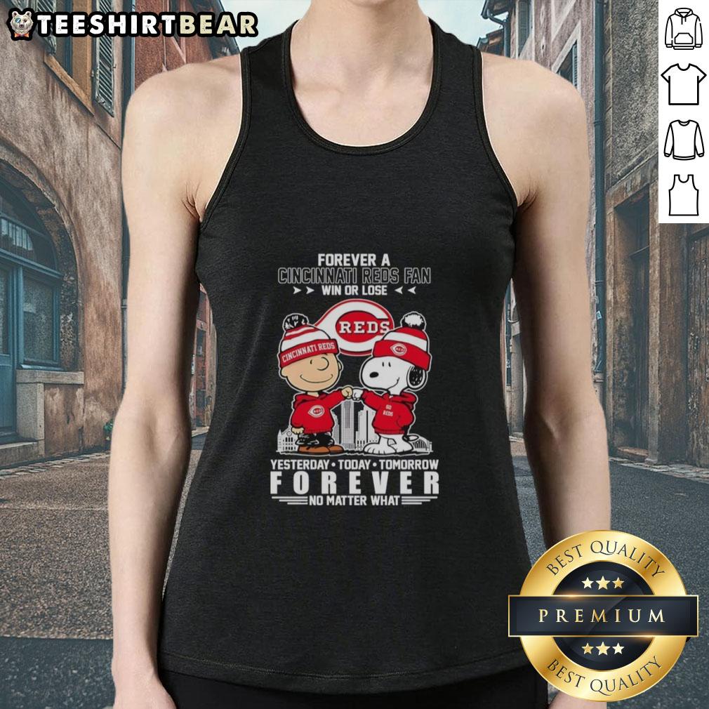 Cincinnati Reds fan tank top featuring Charlie Brown and Snoopy fist bump, celebrating loyalty win or lose.