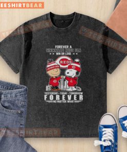 Charlie Brown fist bump with Snoopy on a Cincinnati Reds fan t-shirt, celebrating loyalty win or lose.