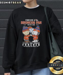 Top Charlie Brown fist bump with Snoopy in a Denver Broncos fan sweatshirt, celebrating loyalty win or lose.