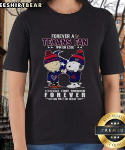 Top Charlie Brown fist bump with Snoopy, celebrating Houston Texans fandom on a ladies tee, win or lose.