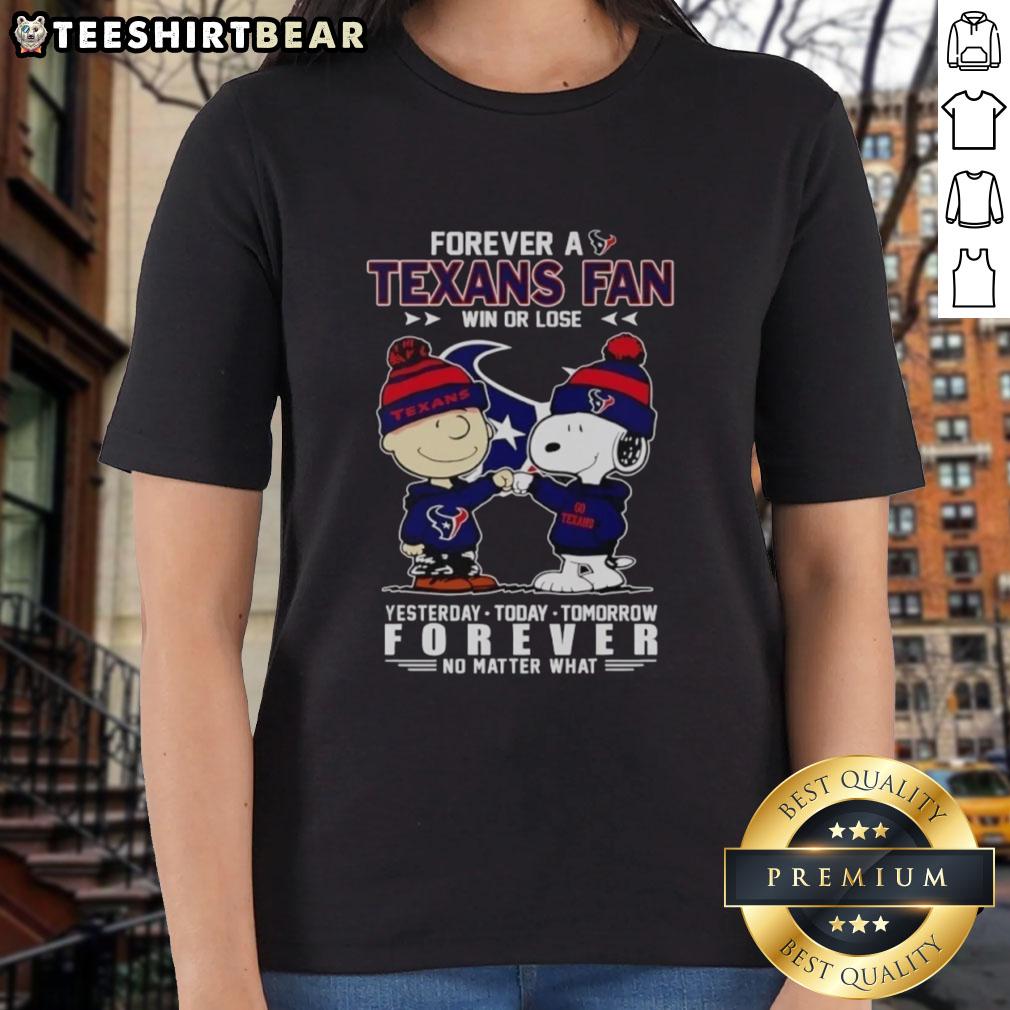 Top Charlie Brown fist bump with Snoopy, celebrating Houston Texans fandom on a ladies tee, win or lose.