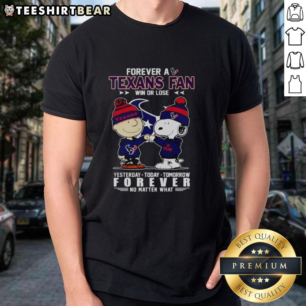 Charlie Brown and Snoopy fist bump on Houston Texans fan t-shirt, celebrating loyalty win or lose.