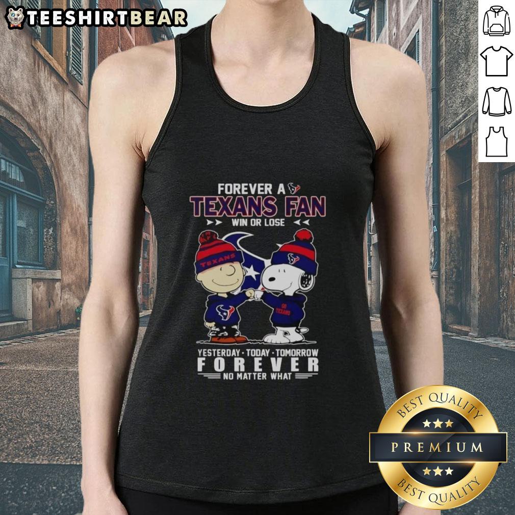 Alt Text: Top Charlie Brown fist bump with Snoopy, celebrating Houston Texans fandom tank top design, win or lose.