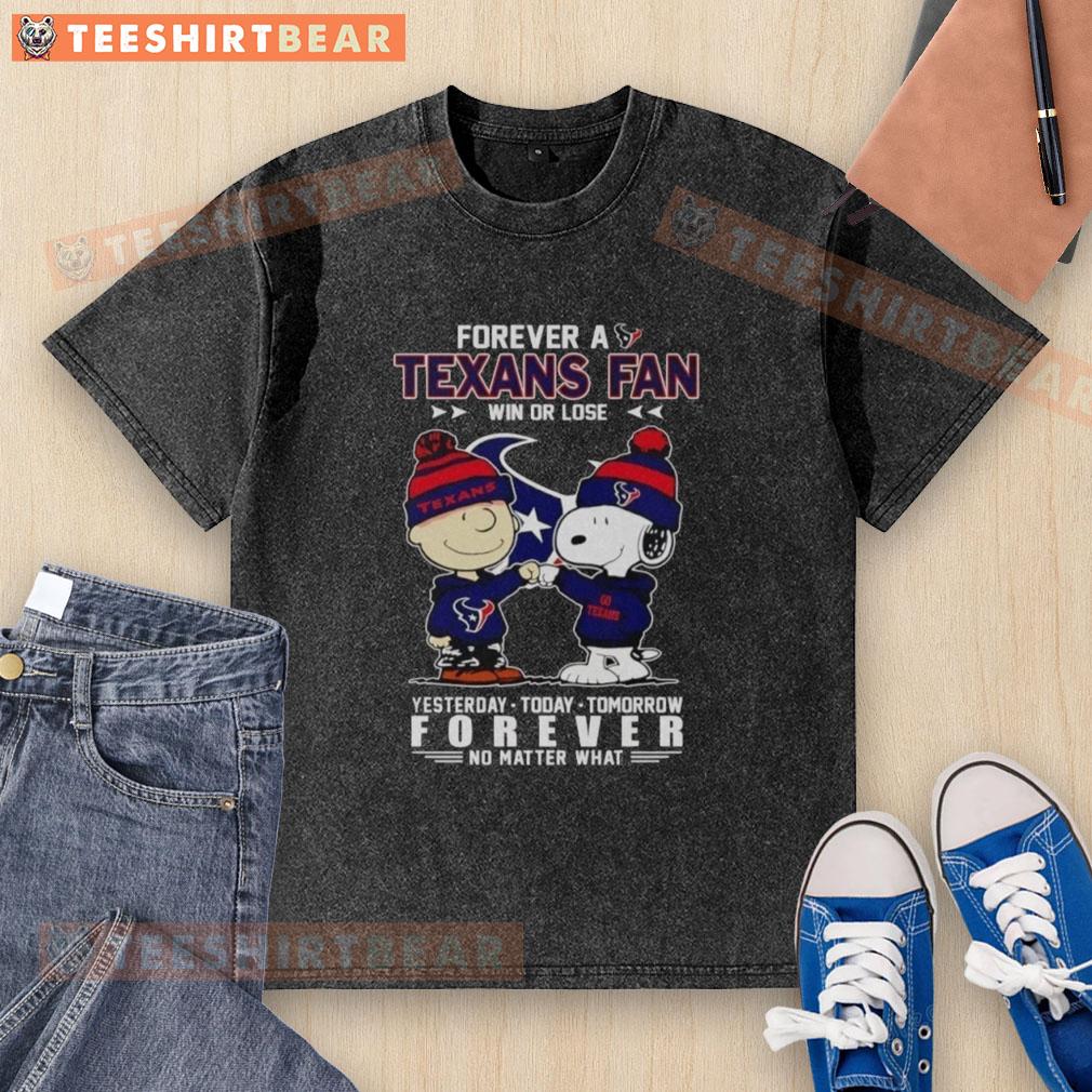 Alt Text: Top Charlie Brown fist bump with Snoopy graphic on a Houston Texans fan t-shirt, celebrating loyalty win or lose.