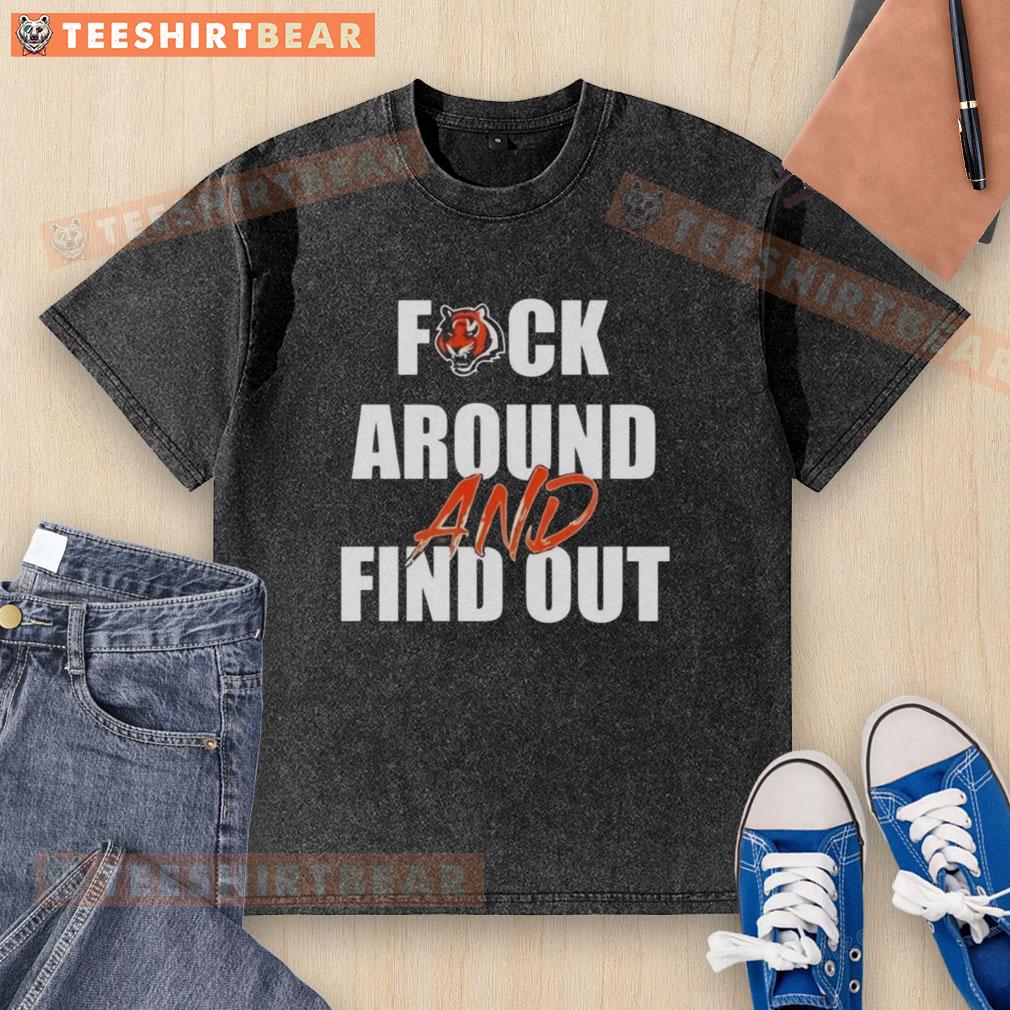 Top-Fck-Around-And-Find-Out Cincinnati Bengals washed t-shirt in black, perfect for fans showcasing team spirit.