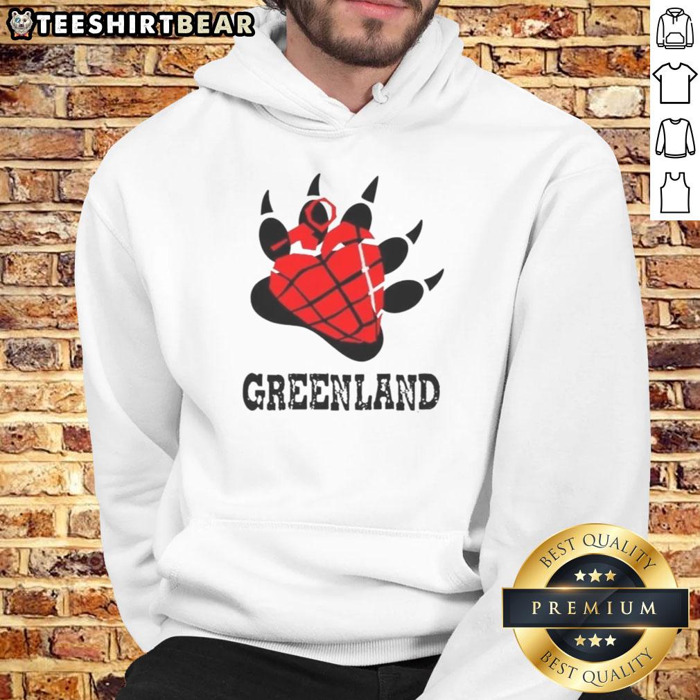 Alt Text: Top Greenland Green Day Bear Paw Heart Logo Parody Hoodie featuring a stylish graphic design for fans.