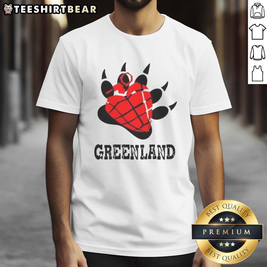 Top Greenland Green Day Bear Paw Heart Logo Parody T-Shirt featuring a creative bear paw design and vibrant colors.