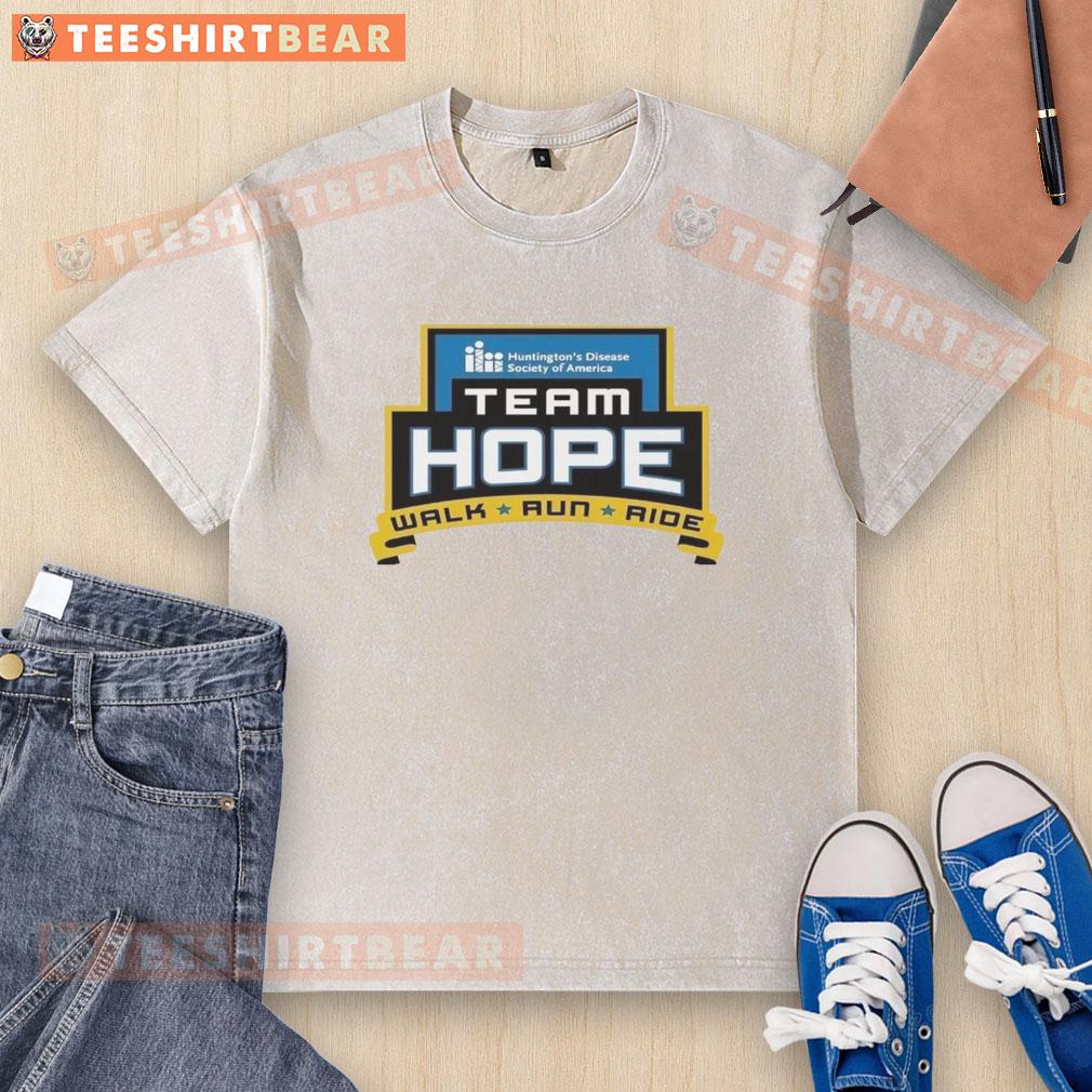 Alt Text: Team Hope Walk participants wearing washed t-shirts from the Huntington's Disease Society of America Iowa Chapter event.