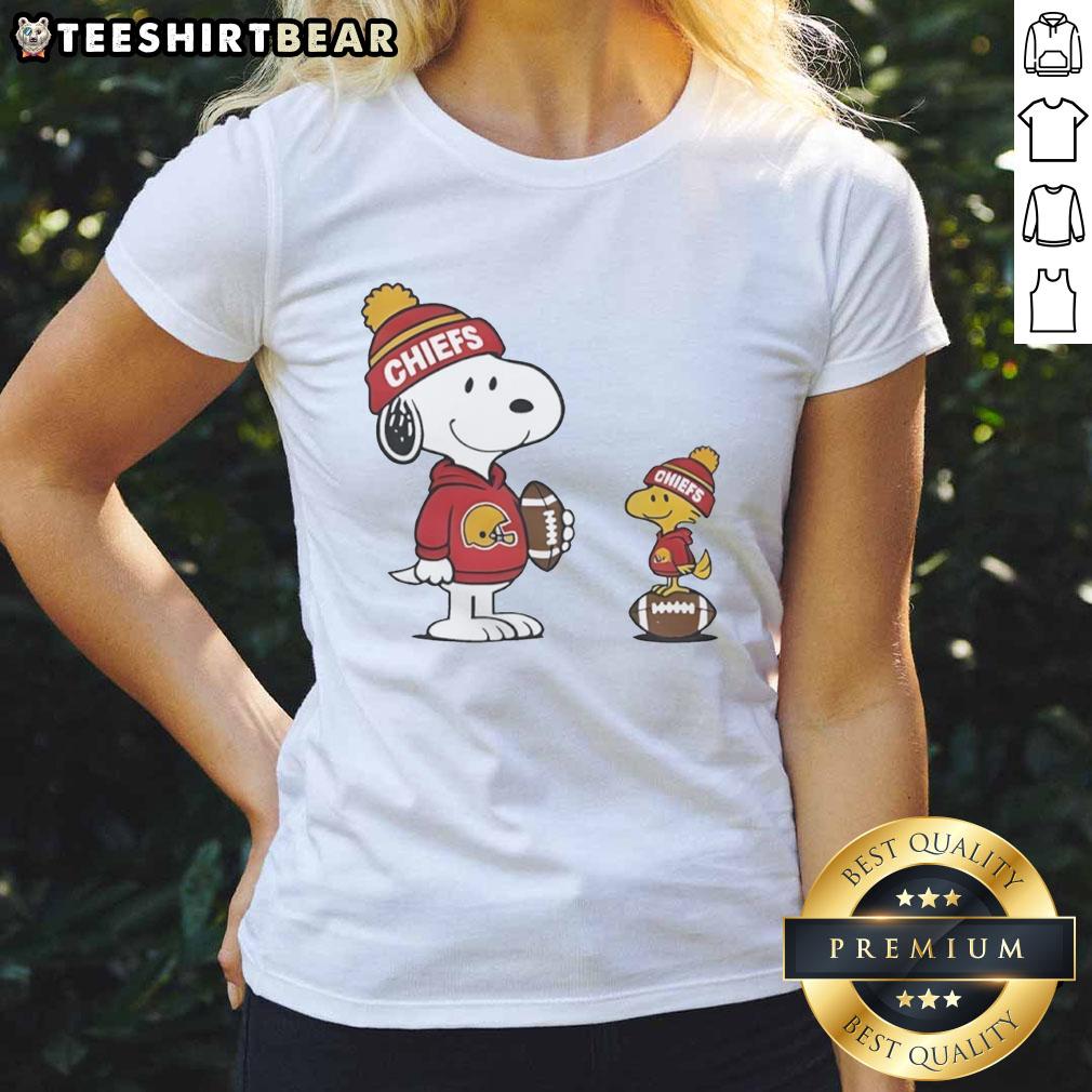 Alt Text: Kansas City Chiefs Snoopy Woodstock NFL ladies tee showcasing vibrant graphics for football fans.