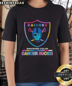 Ladies tee featuring the Las Vegas Raiders logo with colorful 'Cancer Sucks' design for awareness and support.