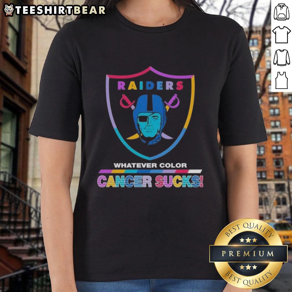 Ladies tee featuring the Las Vegas Raiders logo with colorful 'Cancer Sucks' design for awareness and support.