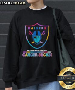 Alt Text: Las Vegas Raiders cancer awareness sweatshirt featuring bold logo colors and 'Cancer Sucks' message.