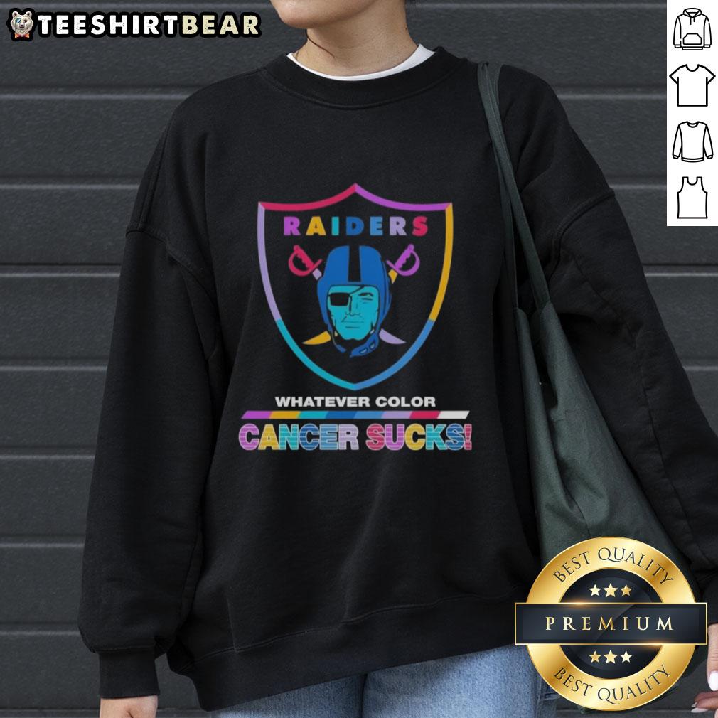 Alt Text: Las Vegas Raiders cancer awareness sweatshirt featuring bold logo colors and 'Cancer Sucks' message.