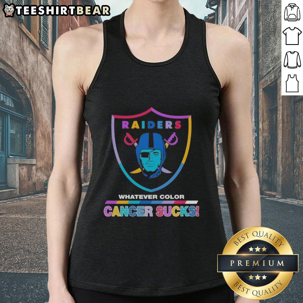 Top Las Vegas Raiders football tank top featuring colorful 'Cancer Sucks' logo for a bold look.