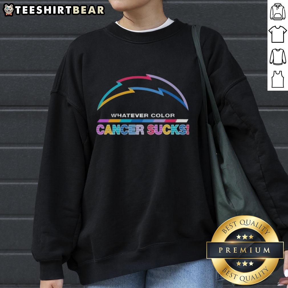 Los Angeles Chargers sweatshirt featuring colorful 'Cancer Sucks' logo, perfect for fans supporting cancer awareness.