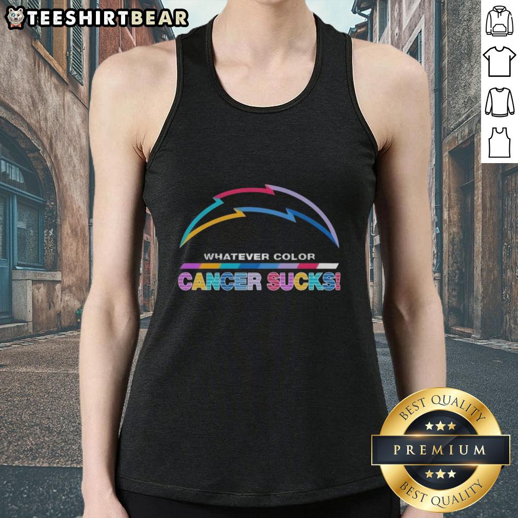 Los Angeles Chargers football tank top featuring 'Cancer Sucks' logo in vibrant colors - perfect for fans and supporters.